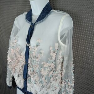 Adore Artsy Sheer Floral Applique Bomber Jacket Blue Trim Womens S